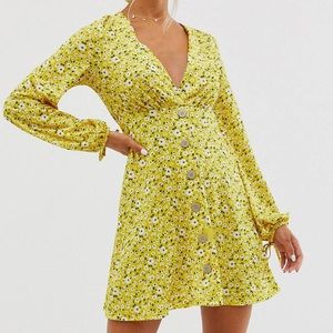 ASOS long sleeve yellow dress with button front detail